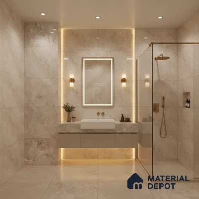 Modern bathroom with beige marble-look tiles and floating vanity | Material Depot