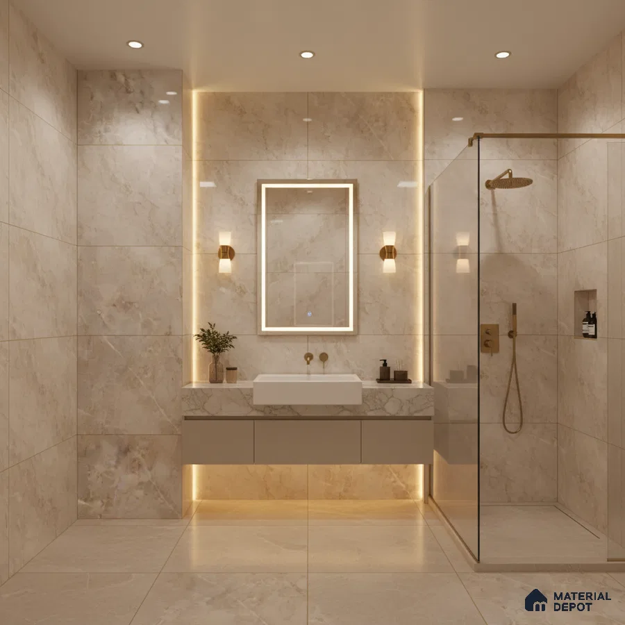 Modern bathroom with beige marble-look tiles and floating vanity | Material Depot