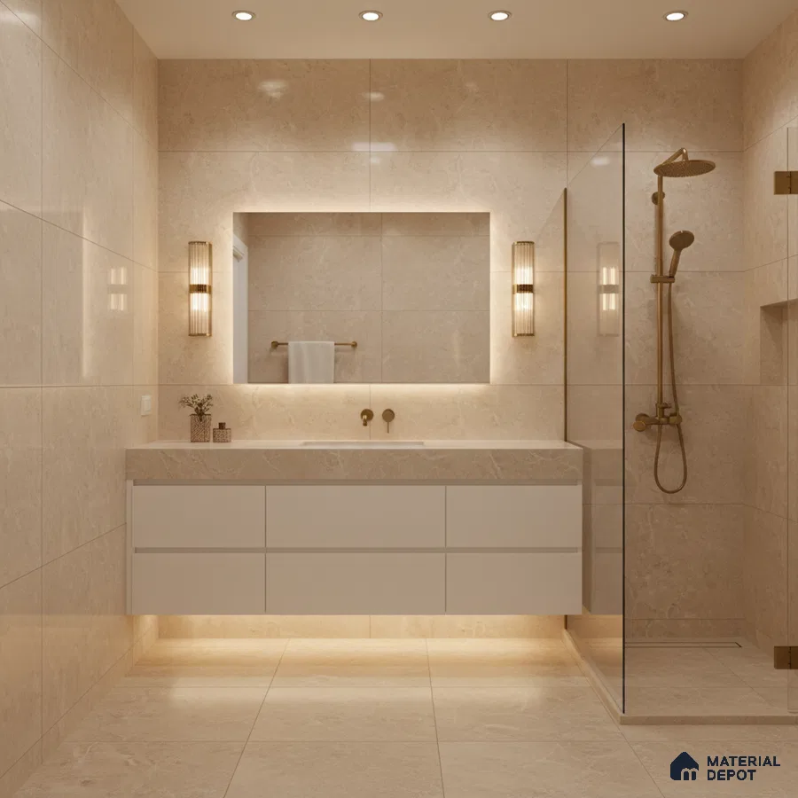 Modern bathroom with beige marble-look tiles and floating white vanity | Material Depot