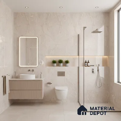 Modern bathroom with beige marble-look tiles and fluted vanity | Material Depot