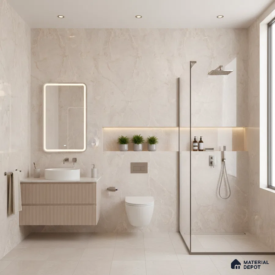Modern bathroom with beige marble-look tiles and fluted vanity | Material Depot