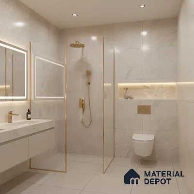 Modern bathroom with beige marble-look tiles and gold accents | Material Depot