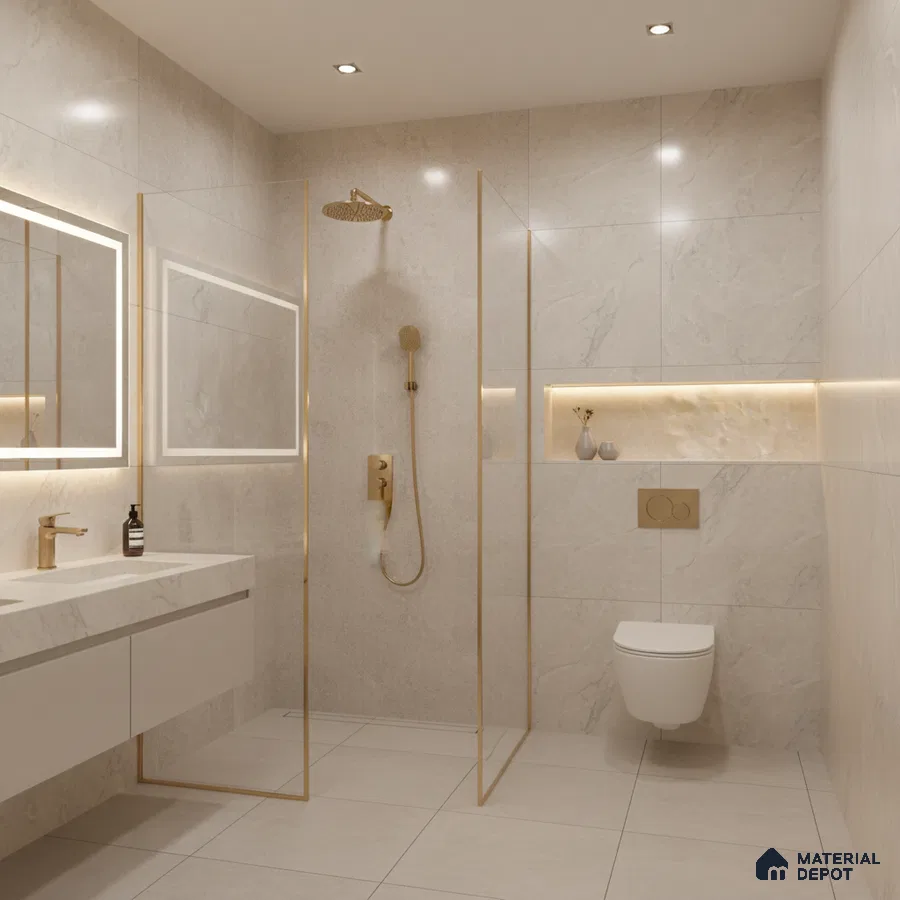 Modern bathroom with beige marble-look tiles and gold accents | Material Depot