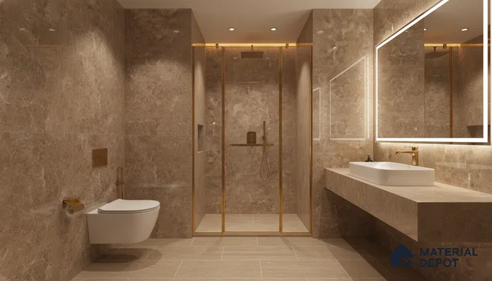 Modern bathroom with beige marble-look tiles and gold accents | Material Depot