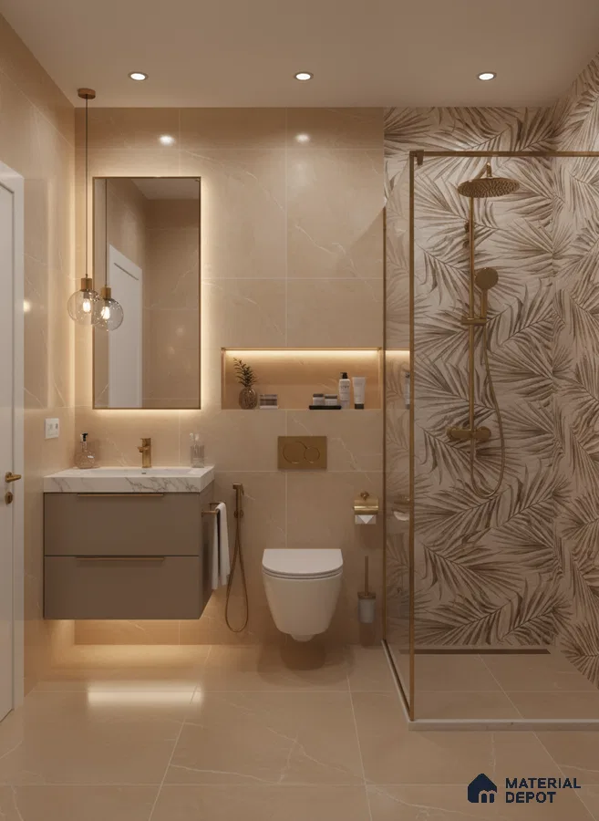 Modern bathroom with beige marble-look tiles and tropical highlighter shower wall | Material Depot