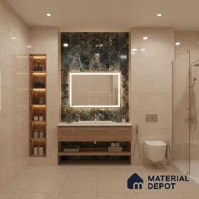 Modern bathroom with beige marble-look tiles, blue-green patterned highlighter wall tile, and wood vanity | Material Depot
