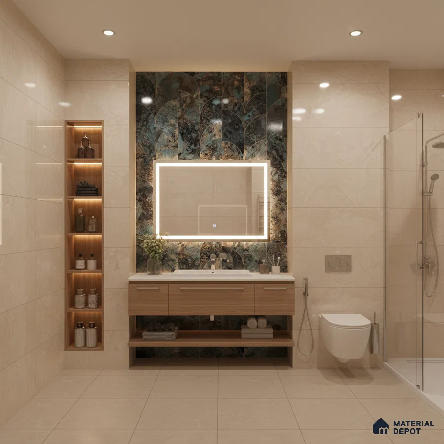 Modern bathroom with beige marble-look tiles, blue-green patterned highlighter wall tile, and wood vanity | Material Depot