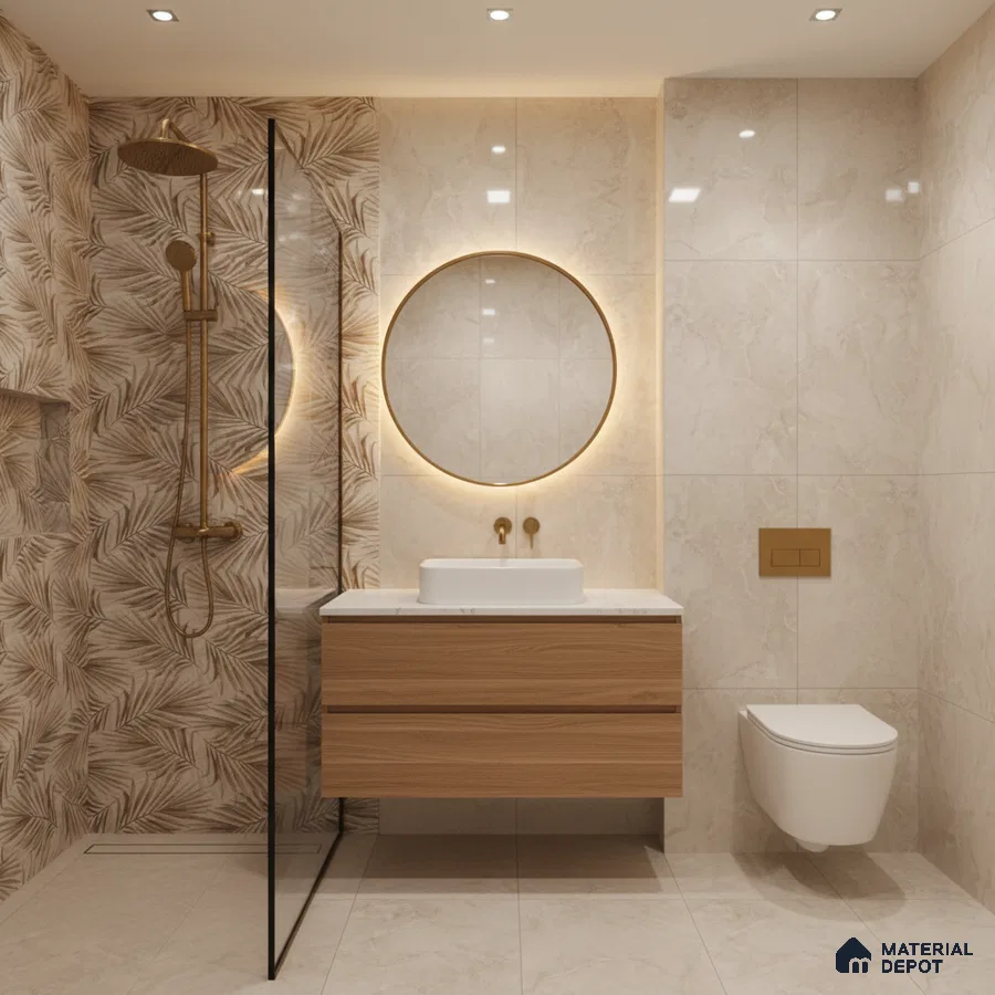 Modern bathroom with beige marble-look tiles, palm leaf patterned highlighter tile, and wood vanity | Material Depot