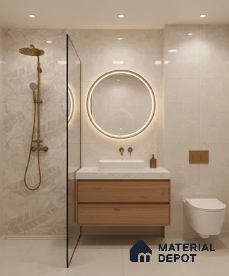 Modern bathroom with beige marble-look tiles, wood vanity, and leaf-patterned accent wall tile | Material Depot