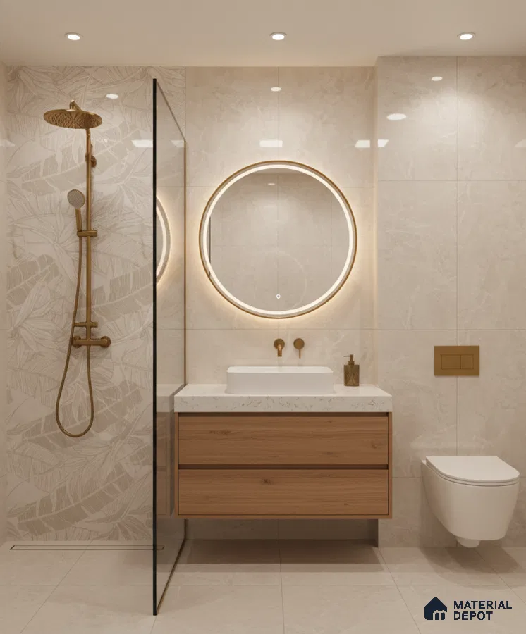 Modern bathroom with beige marble-look tiles, wood vanity, and leaf-patterned accent wall tile | Material Depot