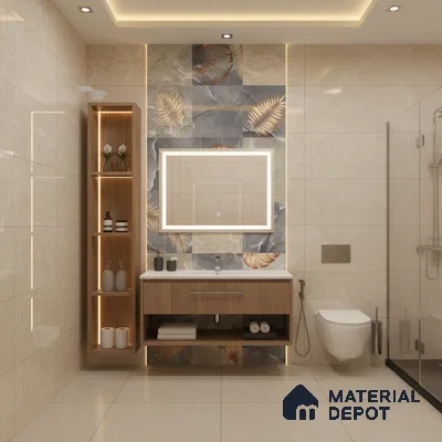 Modern bathroom with beige marble-look tiles, wooden vanity, and gold-accented tropical highlighter wall tiles | Material Depot