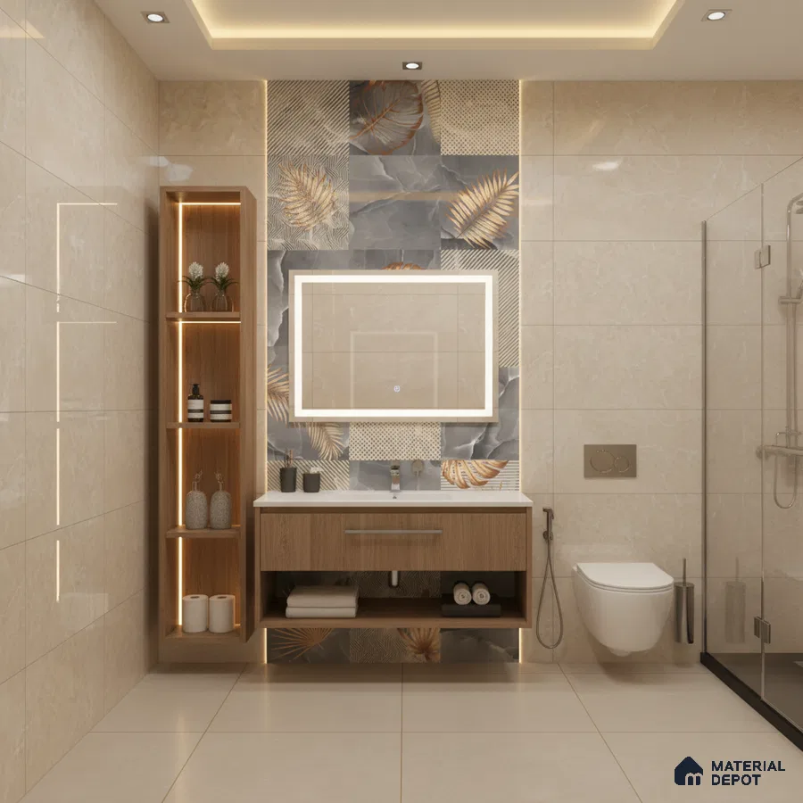Modern bathroom with beige marble-look tiles, wooden vanity, and gold-accented tropical highlighter wall tiles | Material Depot