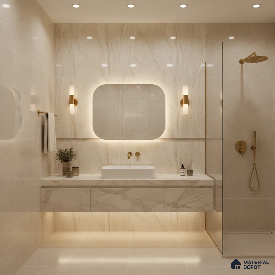 Modern bathroom with beige marble-look wall and floor tiles and floating marble-look vanity | Material Depot