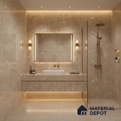 Modern bathroom with beige marble-look wall and floor tiles and floating vanity | Material Depot