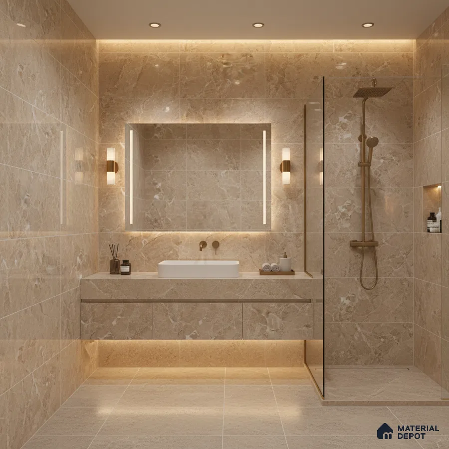 Modern bathroom with beige marble-look wall and floor tiles and floating vanity | Material Depot