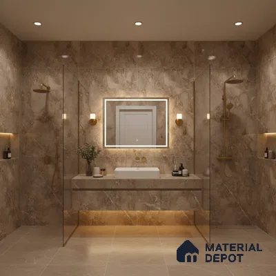 Modern bathroom with beige marble-look wall and floor tiles and floating vanity | Material Depot