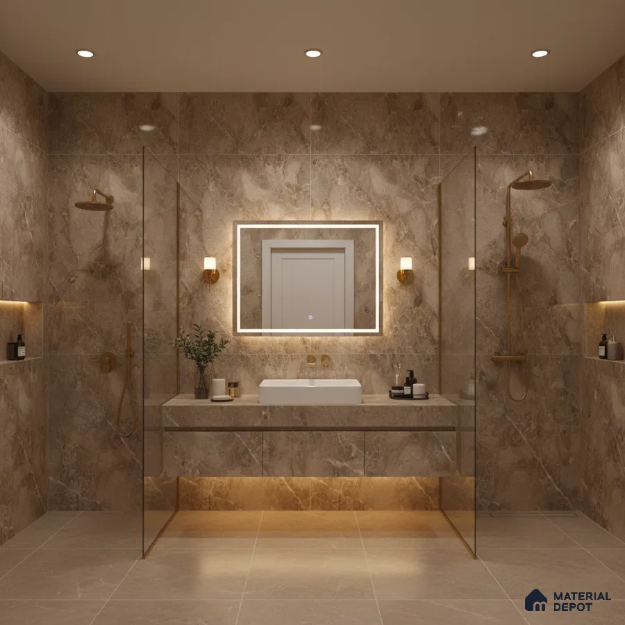 Modern bathroom with beige marble-look wall and floor tiles and floating vanity | Material Depot