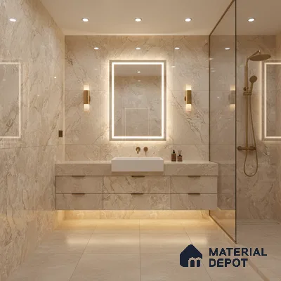 Modern bathroom with beige marble-look wall and floor tiles and floating vanity | Material Depot