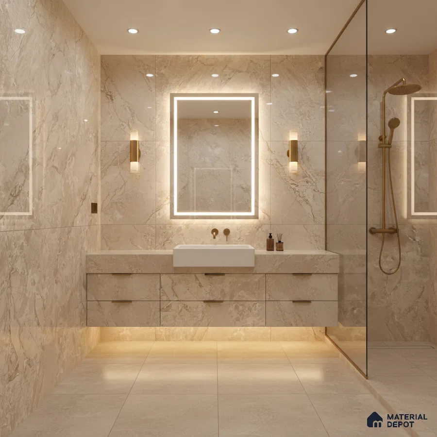 Modern bathroom with beige marble-look wall and floor tiles and floating vanity | Material Depot