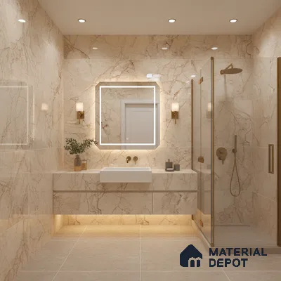 Modern bathroom with beige marble-look wall and floor tiles and floating vanity | Material Depot