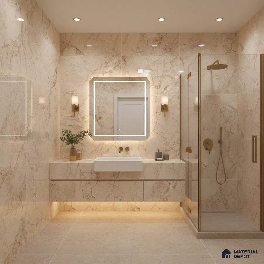 Modern bathroom with beige marble-look wall and floor tiles and floating vanity | Material Depot