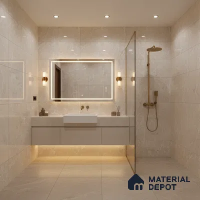 Modern bathroom with beige marble-look wall and floor tiles and floating vanity | Material Depot