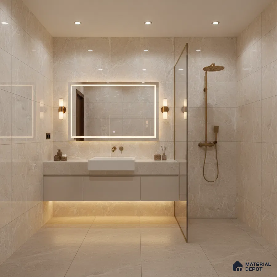 Modern bathroom with beige marble-look wall and floor tiles and floating vanity | Material Depot