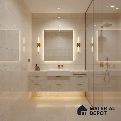 Modern bathroom with beige marble-look wall and floor tiles and floating vanity | Material Depot