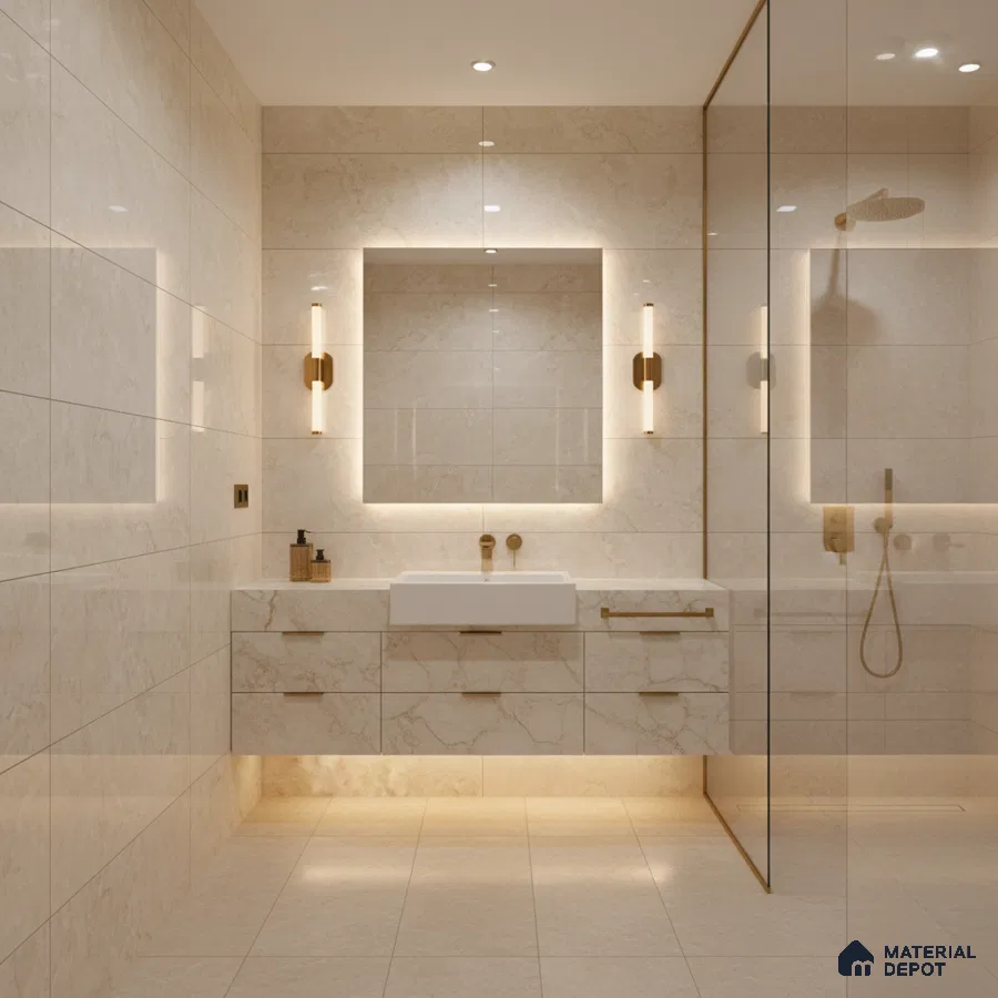 Modern bathroom with beige marble-look wall and floor tiles and floating vanity | Material Depot