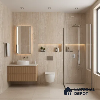 Modern bathroom with beige marble-look wall and floor tiles and fluted wood vanity | Material Depot