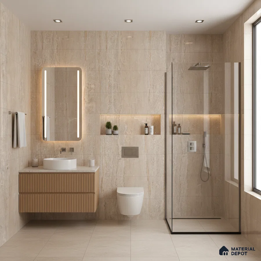 Modern bathroom with beige marble-look wall and floor tiles and fluted wood vanity | Material Depot
