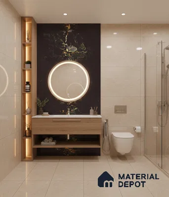 Modern bathroom with beige marble-look wall and floor tiles, black marble highlighter wall, and light oak floating vanity | Material Depot