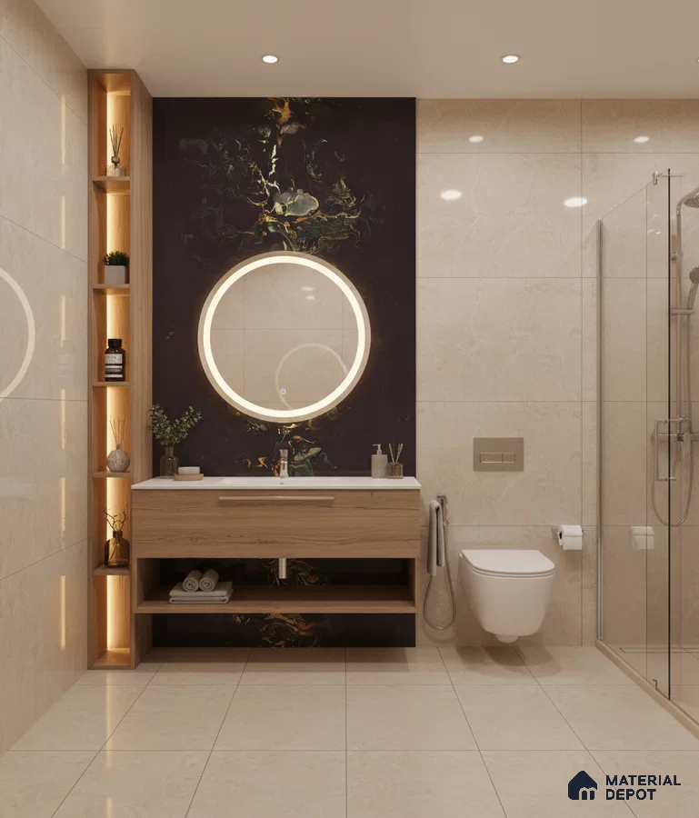 Modern bathroom with beige marble-look wall and floor tiles, black marble highlighter wall, and light oak floating vanity | Material Depot