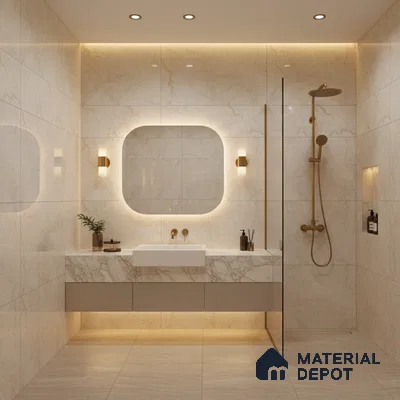 Modern bathroom with beige marble-look wall tiles and floating marble vanity | Material Depot