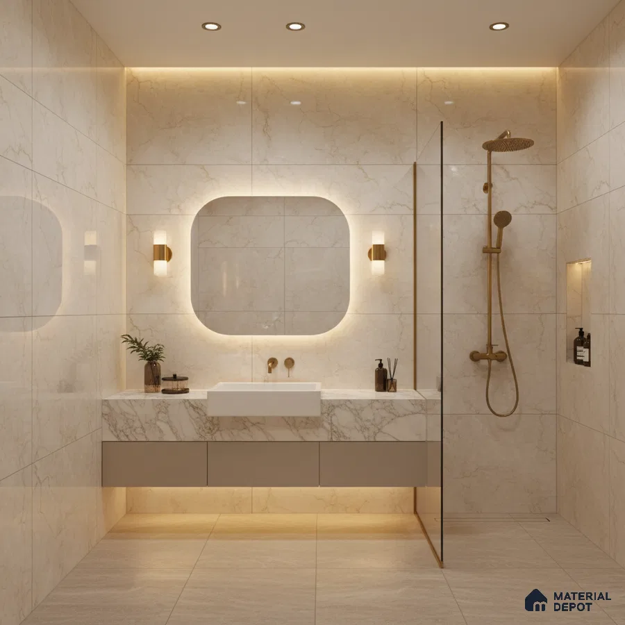 Modern bathroom with beige marble-look wall tiles and floating marble vanity | Material Depot