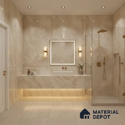 Modern bathroom with beige marble-look wall tiles and floating marble vanity | Material Depot