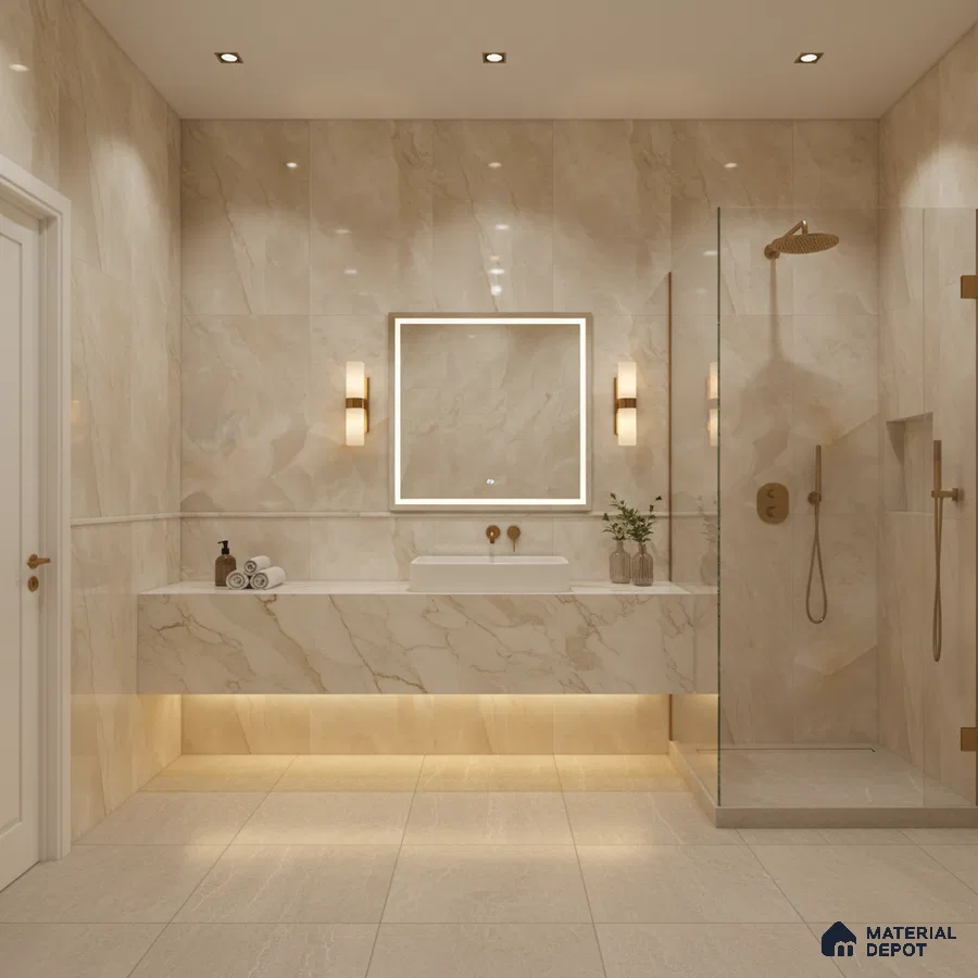 Modern bathroom with beige marble-look wall tiles and floating marble vanity | Material Depot
