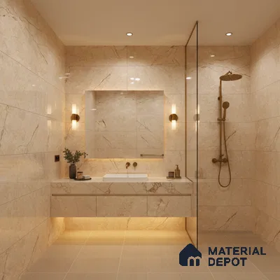 Modern bathroom with beige marble-look wall tiles and floating vanity | Material Depot