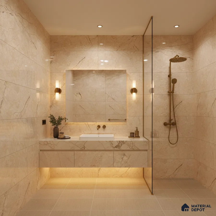 Modern bathroom with beige marble-look wall tiles and floating vanity | Material Depot