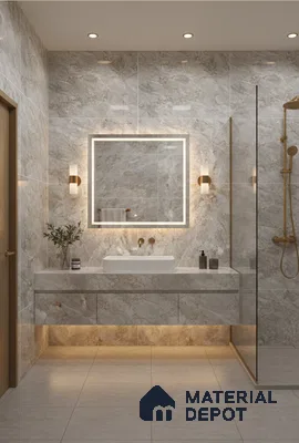 Modern bathroom with beige marble-look wall tiles and floating vanity | Material Depot