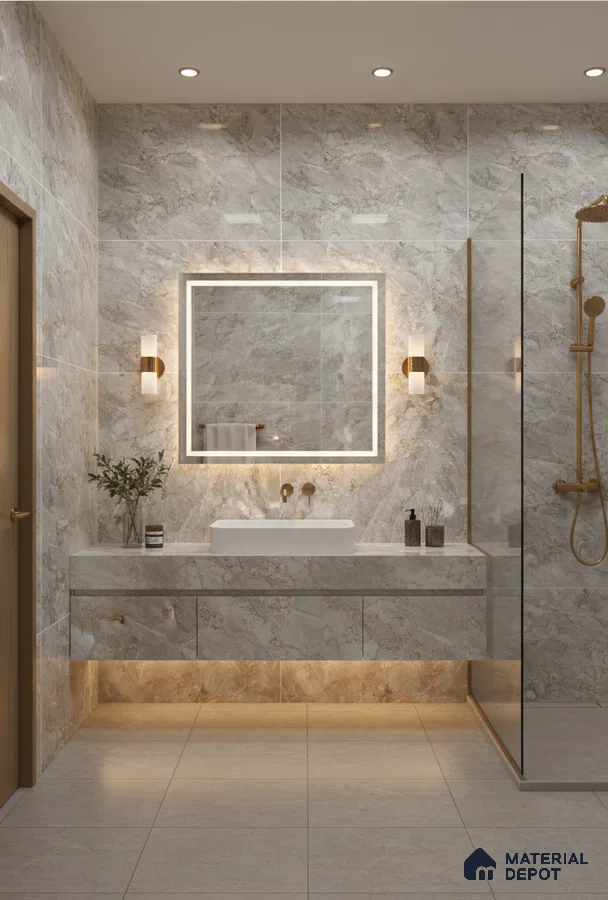 Modern bathroom with beige marble-look wall tiles and floating vanity | Material Depot