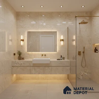 Modern bathroom with beige marble-look wall tiles and floating vanity | Material Depot