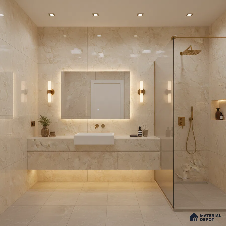 Modern bathroom with beige marble-look wall tiles and floating vanity | Material Depot