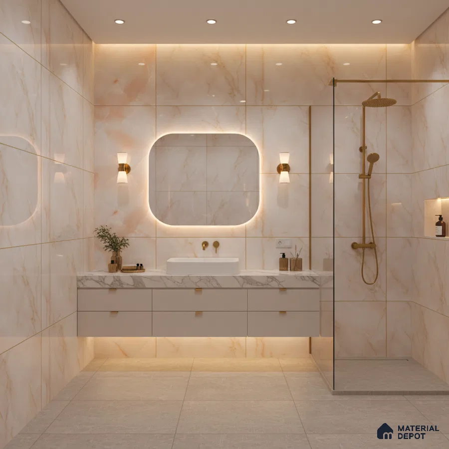 Modern bathroom with beige marble-look wall tiles and grey matte floor tiles | Material Depot
