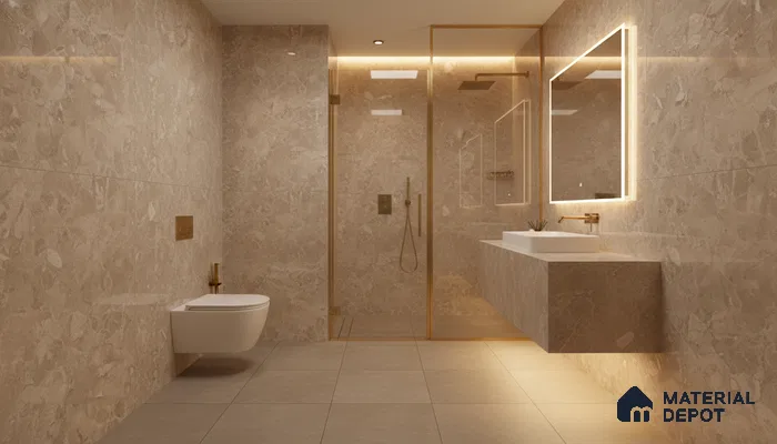 Modern bathroom with beige marble-look wall tiles and matte beige floor tiles | Material Depot