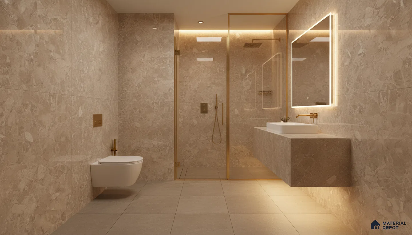 Modern bathroom with beige marble-look wall tiles and matte beige floor tiles | Material Depot