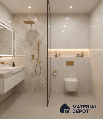 Modern bathroom with beige marble-look wall tiles and matte beige floor tiles | Material Depot