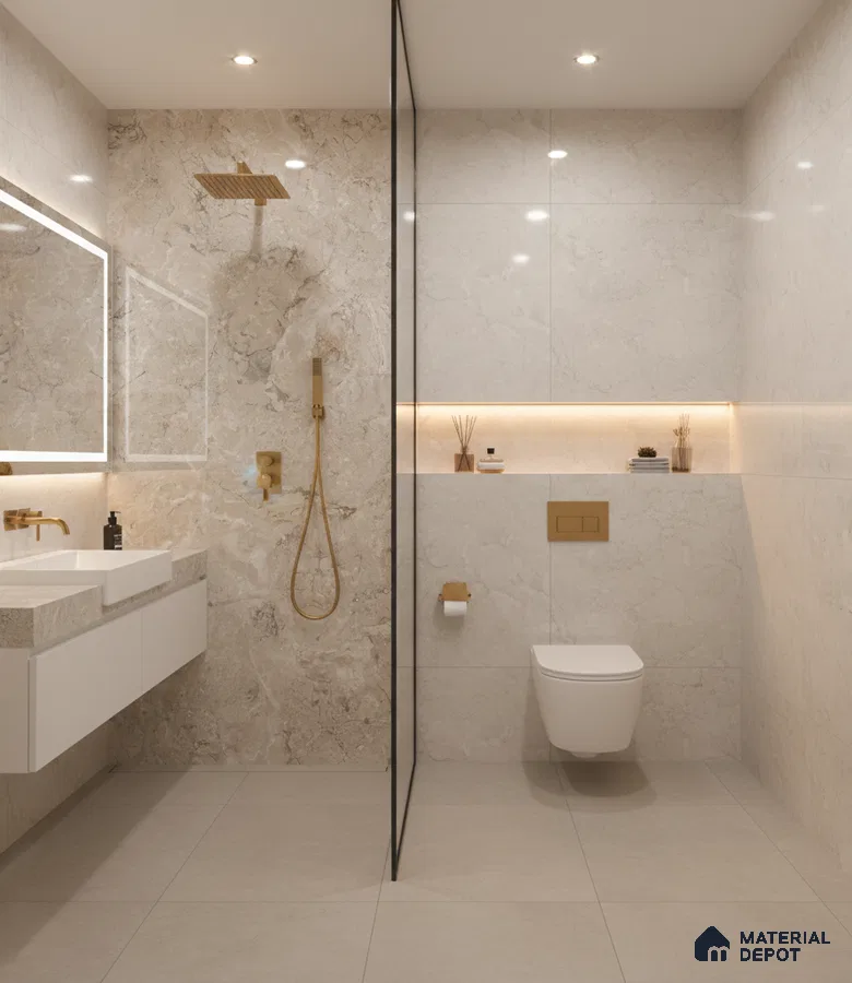 Modern bathroom with beige marble-look wall tiles and matte beige floor tiles | Material Depot