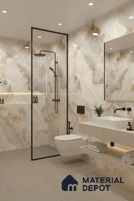 Modern bathroom with beige marble-look wall tiles and matte beige floor tiles | Material Depot