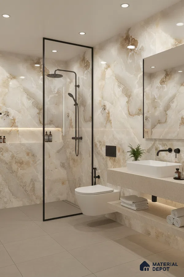 Modern bathroom with beige marble-look wall tiles and matte beige floor tiles | Material Depot
